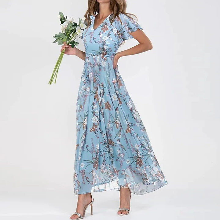Abito lungo romantico con effetto chiffon floreale e scollo a V – Abito estivo arioso per matrimoni, feste in giardino e uso quotidiano