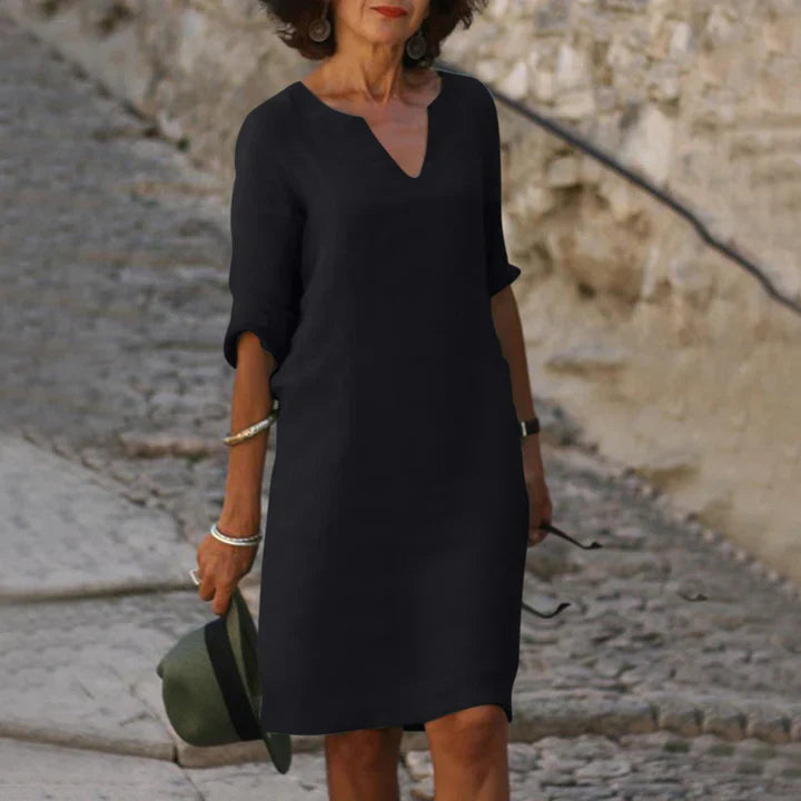 Leichtes Damen Sommerkleid mit V-Ausschnitt – Lockeres Midikleid mit 3/4 Ärmeln für Urlaub, Alltag & Reisen
