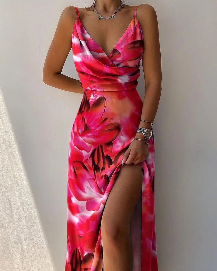 Elegante abito lungo con spalline sottili e spacco alto sulla gamba – abito da sera aderente per estate e eventi