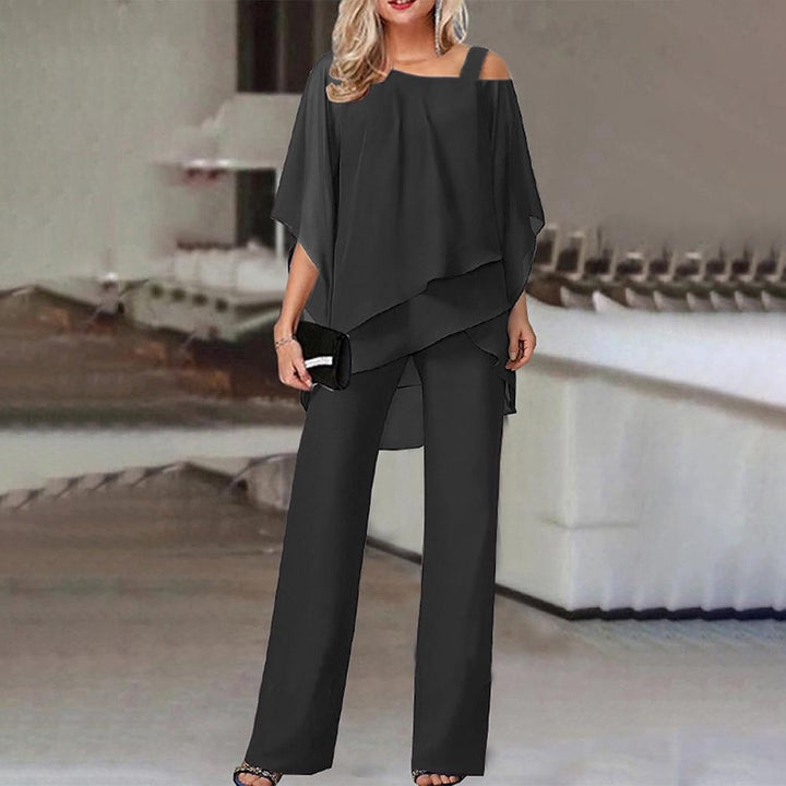 Set da donna 2 pezzi – Top asimmetrico con look spalle scoperte & pantaloni larghi – Outfit elegante per eventi & serate estive