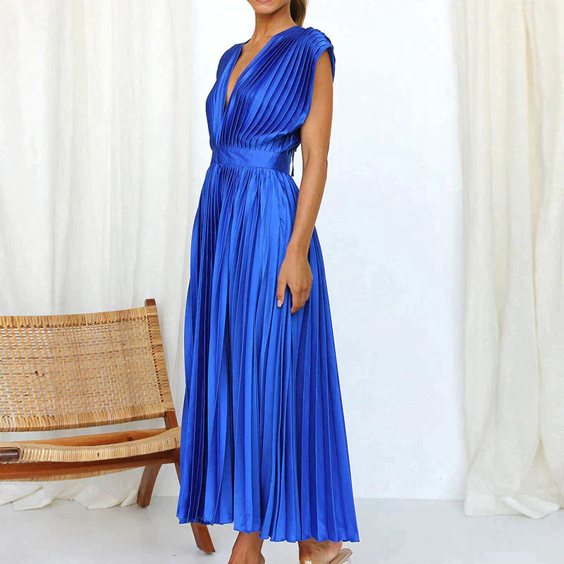 Abito midi plissettato con scollo a V profondo e maniche a volant – Look elegante per matrimonio, festa e estate