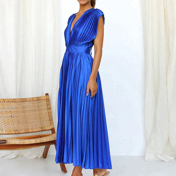 Abito midi plissettato con scollo a V profondo e maniche a volant – Look elegante per matrimonio, festa e estate