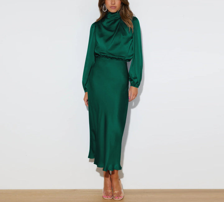 Elegante abito midi in satin con collo alto – abito da festa con maniche lunghe