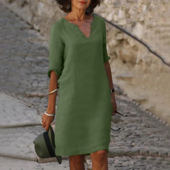 Leichtes Damen Sommerkleid mit V-Ausschnitt – Lockeres Midikleid mit 3/4 Ärmeln für Urlaub, Alltag & Reisen