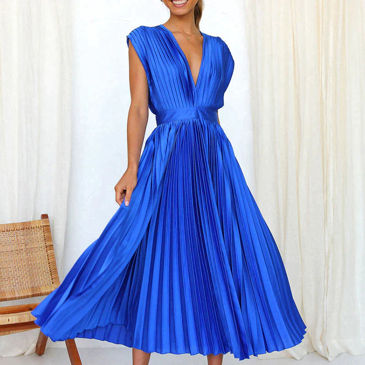 Abito midi plissettato con scollo a V profondo e maniche a volant – Look elegante per matrimonio, festa e estate