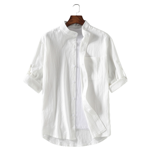 Camicia estiva in lino con colletto alla coreana stile Old Money per uomo