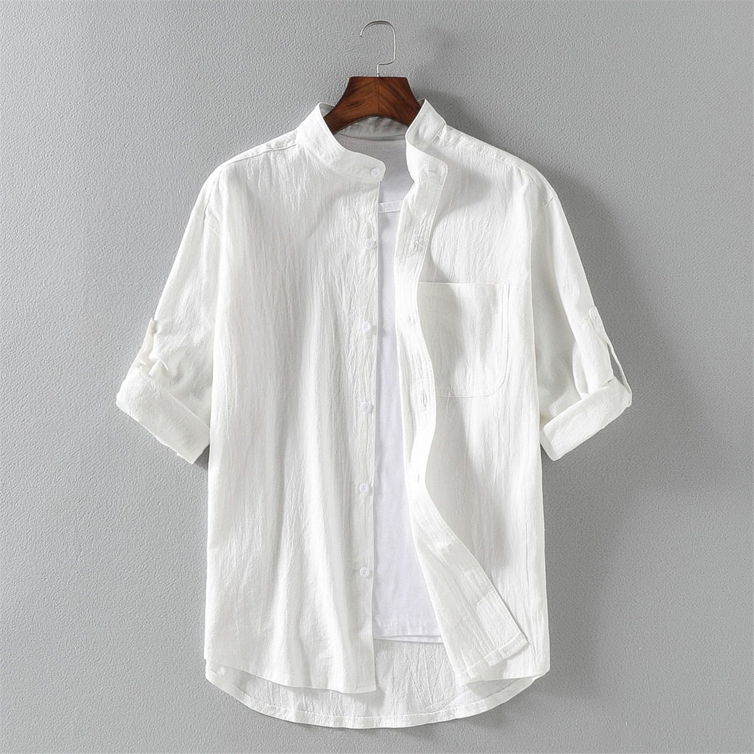 Camicia estiva in lino con colletto alla coreana stile Old Money per uomo