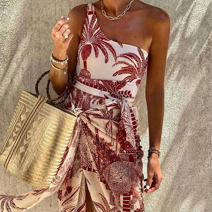 One-Shoulder Sommerkleid Damen – Elegantes Boho Maxikleid mit Wickel-Optik & Palmenmuster – Perfekt für Strand & Urlaub