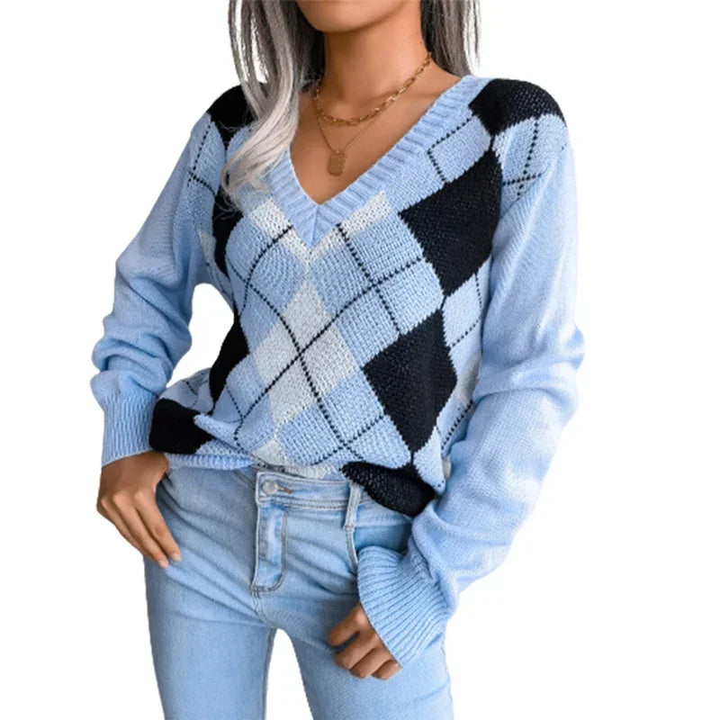 Natalia - pull d'hiver avec col en V et motif à carreaux