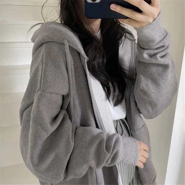 Veste de baseball surdimensionnée solide avec capuche et fermeture à glissière longue et ample