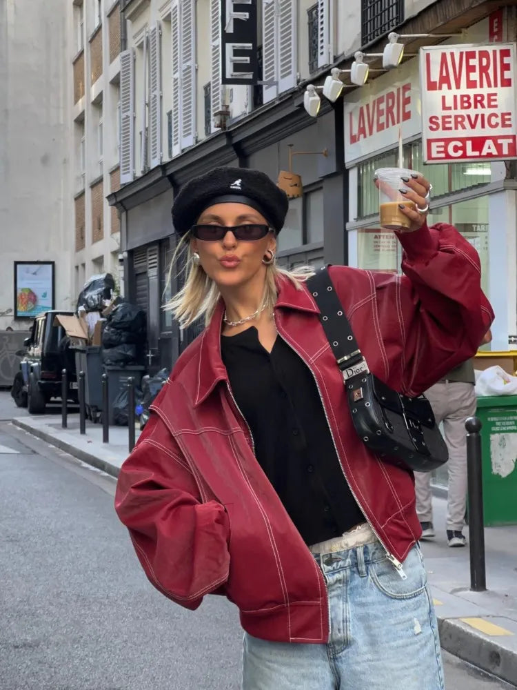 Lässige Vintage Übergroße Lederjacke für Damen | Perfekt für Lässige Tage