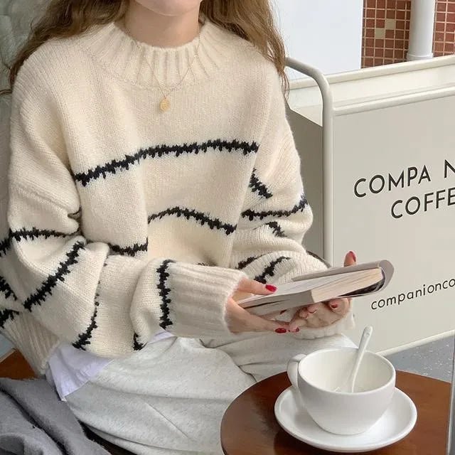 Pull-over en maille oversize pour femmes – Pull confortable à col rond avec motif à rayures