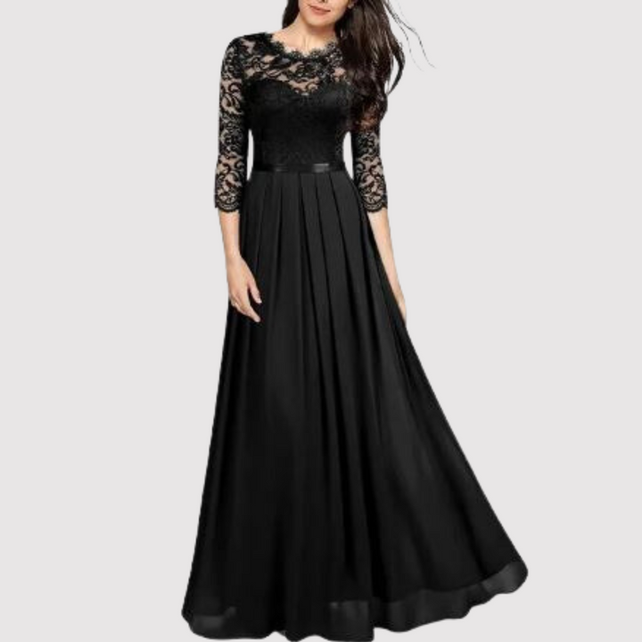 Elegante abito da sera donna – lungo con pizzo e maniche 3/4, festivo e lungo fino a terra