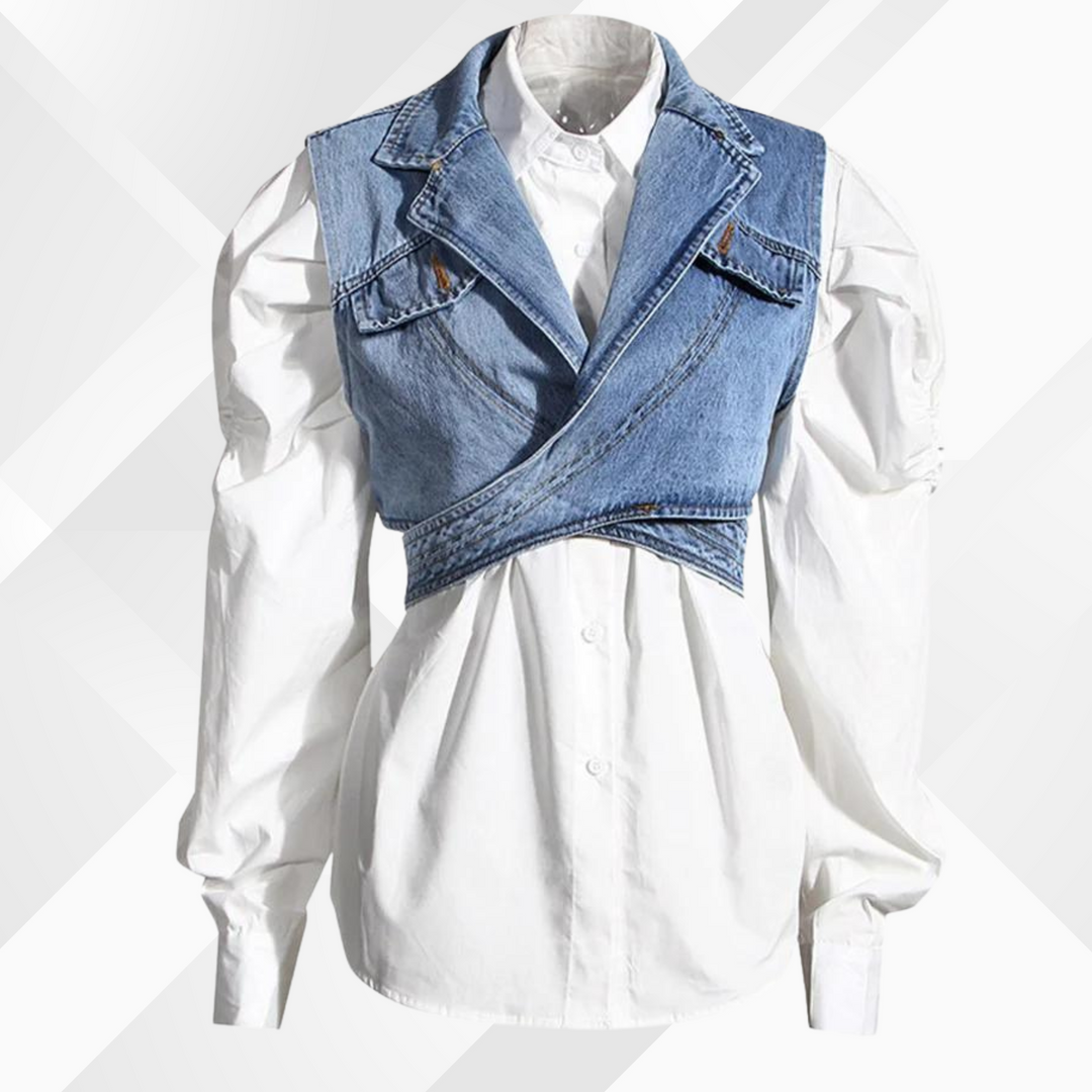 Nelia - Veste en jean et blouse à manches bouffantes