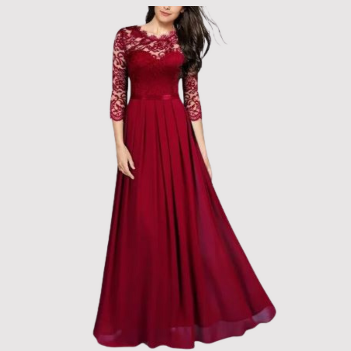 Elegante abito da sera donna – lungo con pizzo e maniche 3/4, festivo e lungo fino a terra