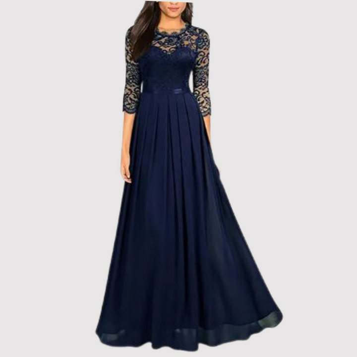 Elegante abito da sera donna – lungo con pizzo e maniche 3/4, festivo e lungo fino a terra