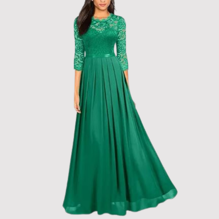 Elegante abito da sera donna – lungo con pizzo e maniche 3/4, festivo e lungo fino a terra