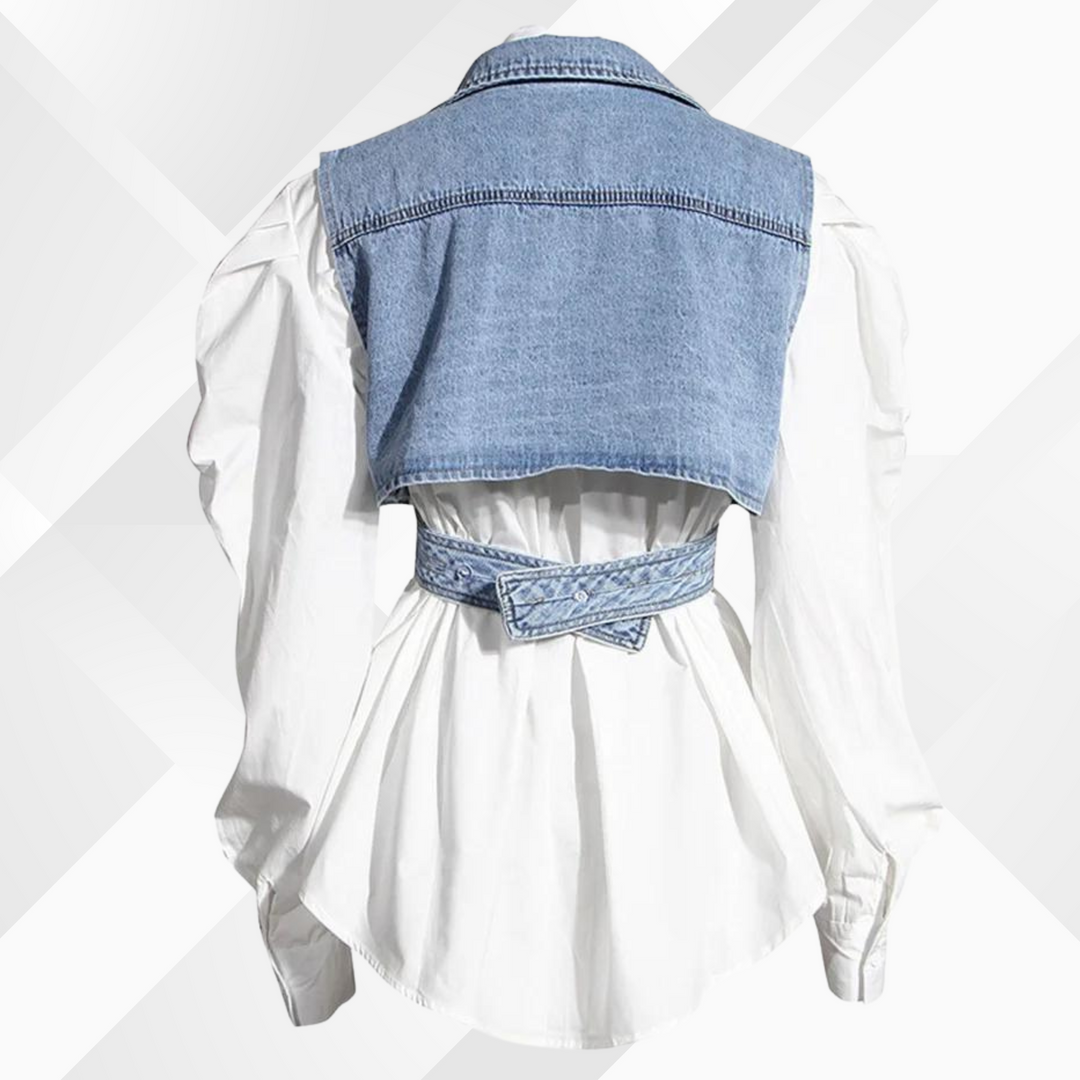 Nelia - Veste en jean et blouse à manches bouffantes
