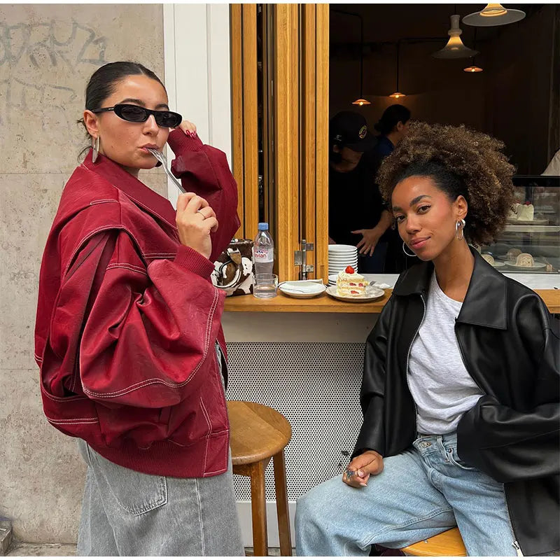 Lässige Vintage Übergroße Lederjacke für Damen | Perfekt für Lässige Tage