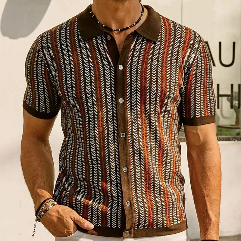 Chemise d'été homme avec motif rétro & patte de boutonnage – chemise décontractée manches courtes avec col