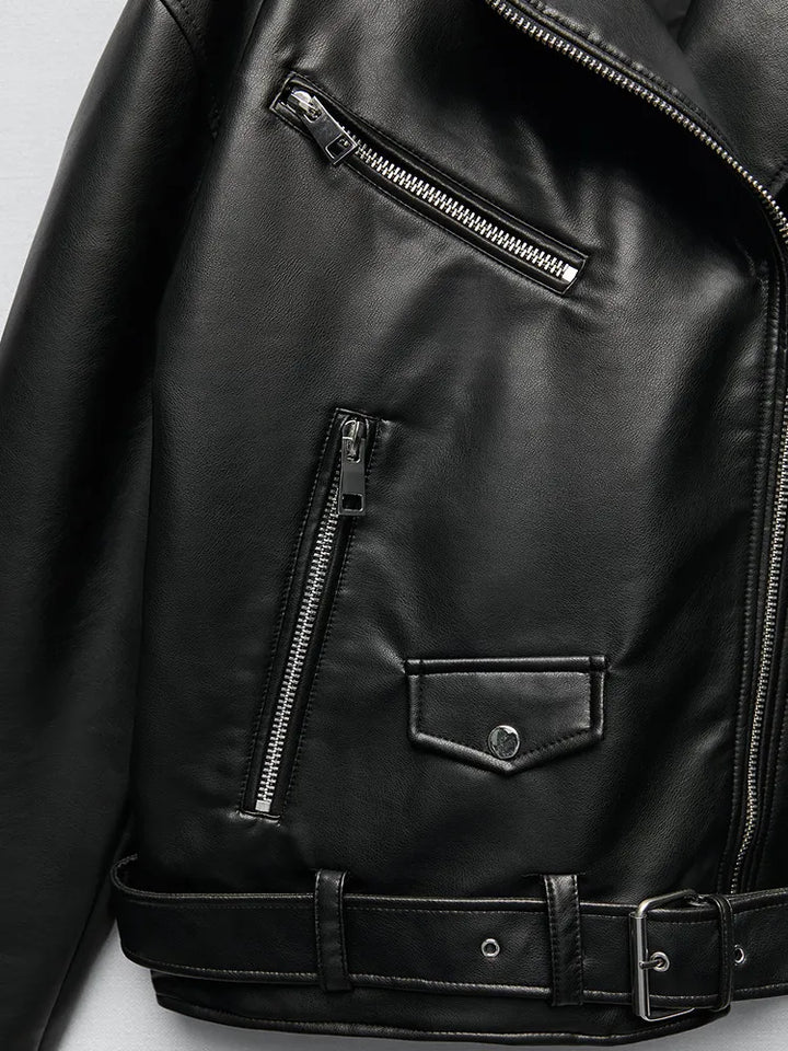 Amira - Black biker jacket made of faux leather