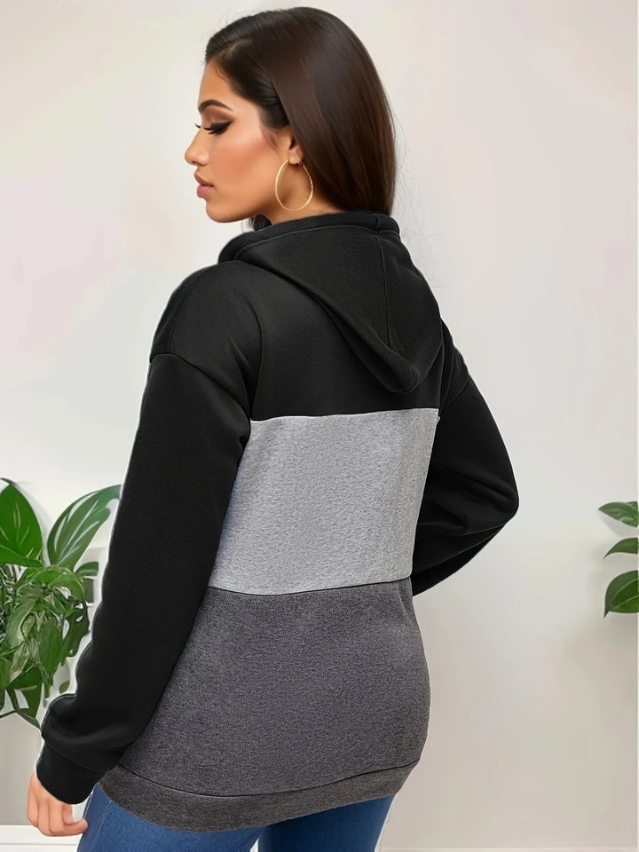 Sweat à capuche femme avec design bicolore – Pull à capuche confortable avec patte de boutonnage et poche kangourou