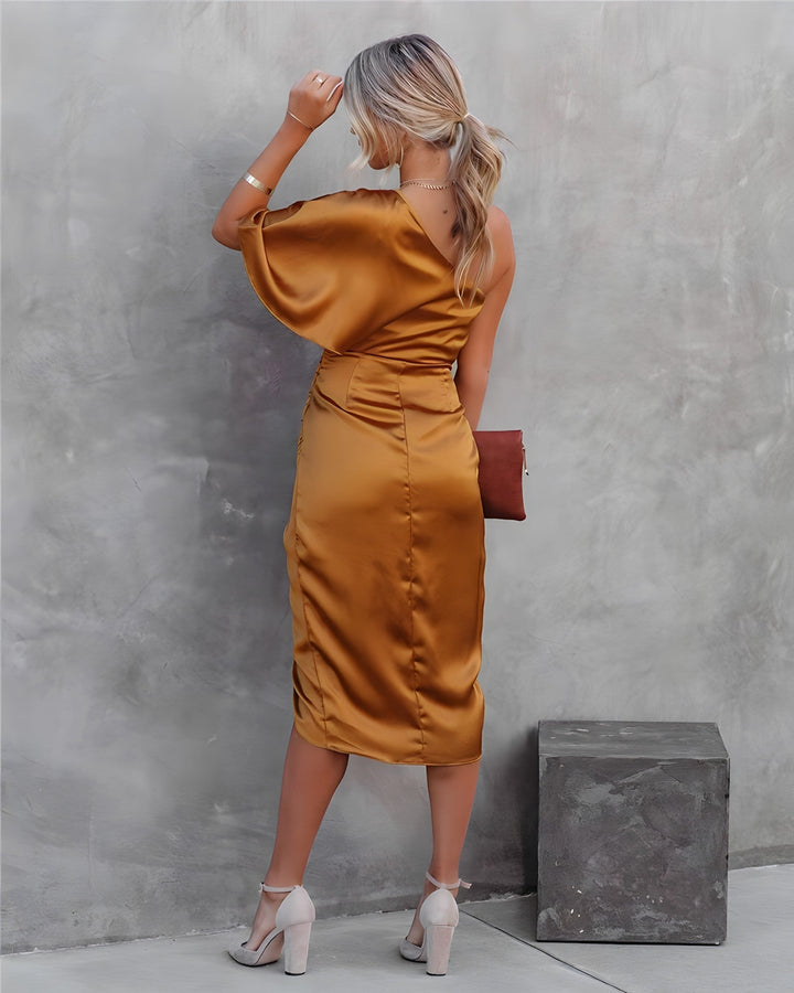 Abito midi in raso da donna – Abito da cocktail monospalla con drappeggio e spacco – Elegante per sera ed eventi