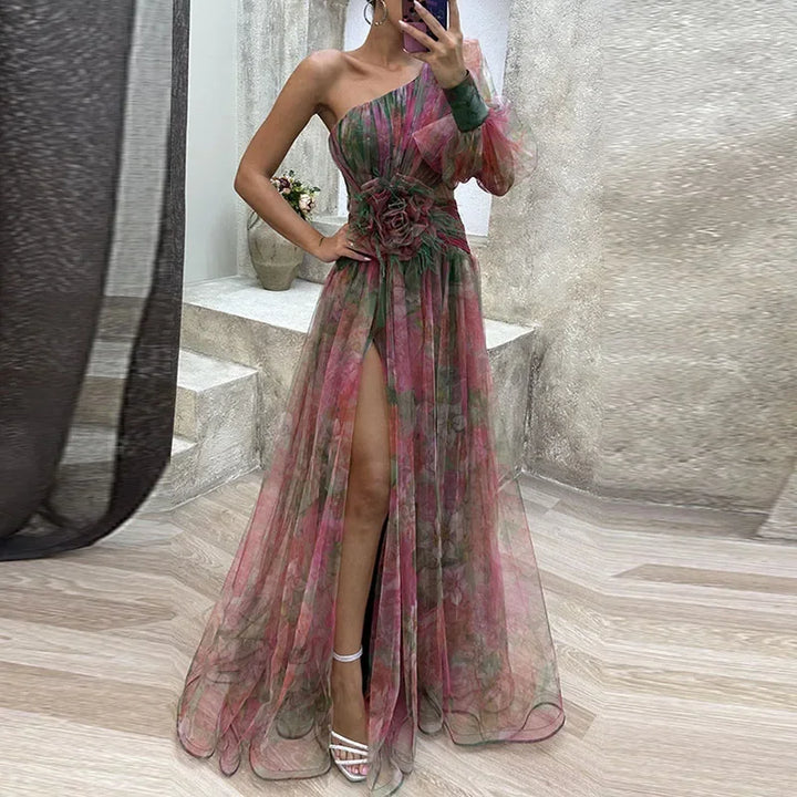 Abito da sera asimmetrico con tulle floreale e spacco – Elegante lunghezza maxi per occasioni speciali