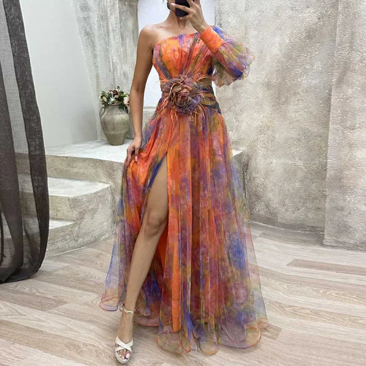 Abito da sera asimmetrico con tulle floreale e spacco – Elegante lunghezza maxi per occasioni speciali