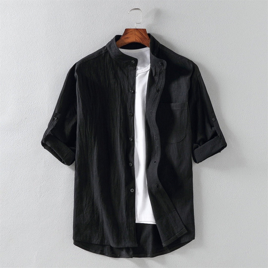Camicia estiva in lino con colletto alla coreana stile Old Money per uomo