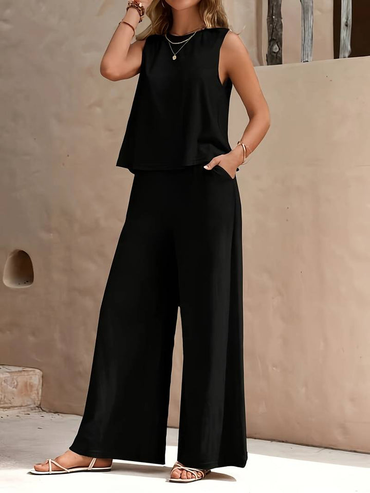 Completo due pezzi da donna – Top senza maniche con pantaloni larghi in tessuto – Outfit estivo casual ed elegante per tutti i giorni e vacanze