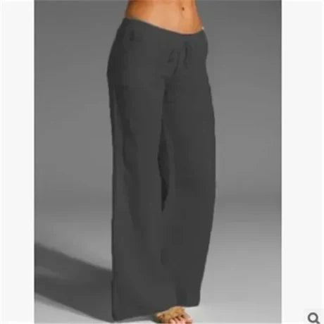 Pantalon en lin pour femmes à jambes larges – Pantalon d'été aéré avec cordon de serrage pour la plage, les vacances et le quotidien