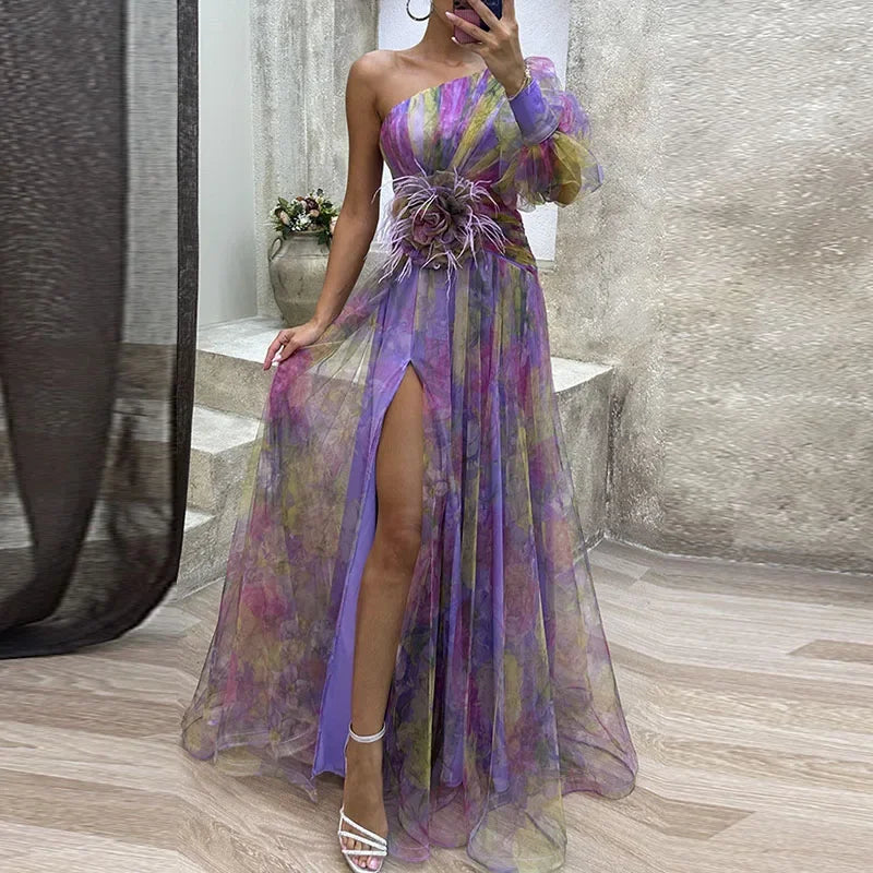 Abito da sera asimmetrico con tulle floreale e spacco – Elegante lunghezza maxi per occasioni speciali