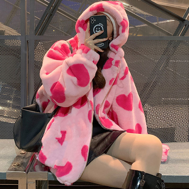 Veste en peluche Harajuku ours Teddy imprimé avec capuche duveteuse vêtement d'extérieur