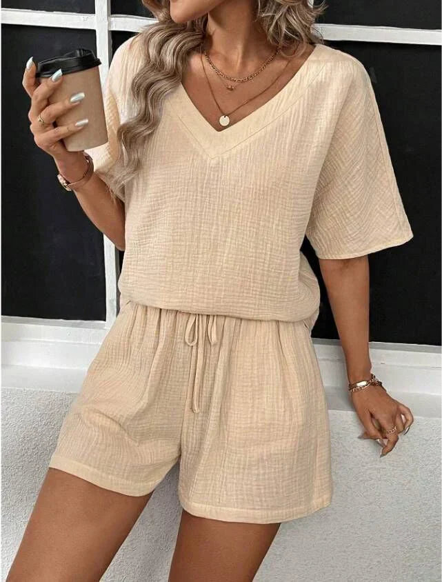 Set estivo da donna in due pezzi in mussola – maglietta con scollo a V e pantaloncini con coulisse per tempo libero e vacanze