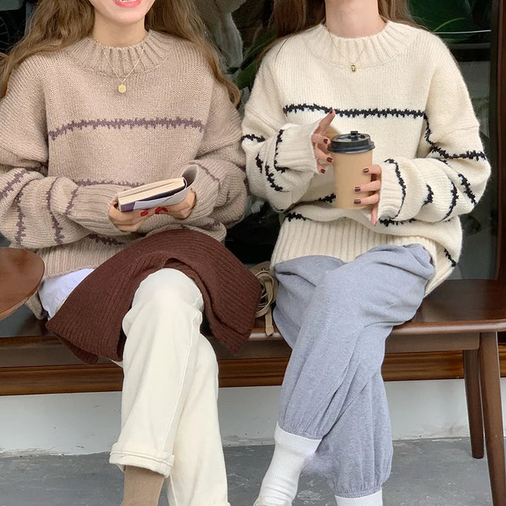 Pull-over en maille oversize pour femmes – Pull confortable à col rond avec motif à rayures