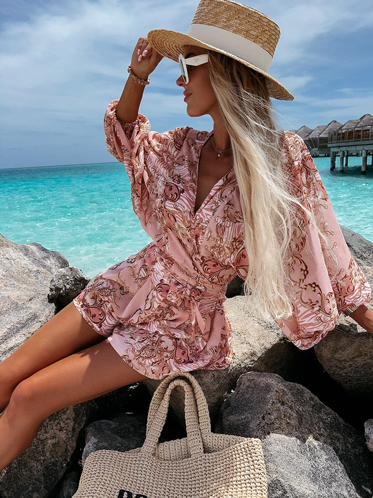 Leichter Sommer-Strandanzug mit langärmligem V-Ausschnitt und verspieltem Print – Perfekt für Strand & Urlaub