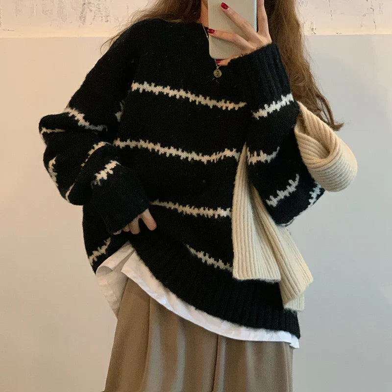 Pull-over en maille oversize pour femmes – Pull confortable à col rond avec motif à rayures