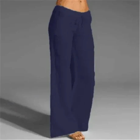 Pantalon en lin pour femmes à jambes larges – Pantalon d'été aéré avec cordon de serrage pour la plage, les vacances et le quotidien