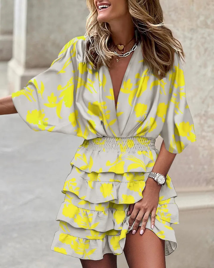 Vestito con volant da donna – vestito corto con scollo a V, maniche a pipistrello e vita elastica in stile boho estivo