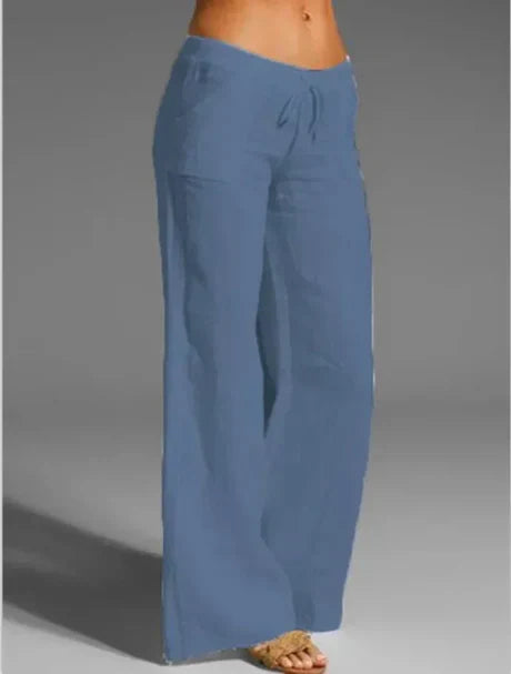 Pantalon en lin pour femmes à jambes larges – Pantalon d'été aéré avec cordon de serrage pour la plage, les vacances et le quotidien