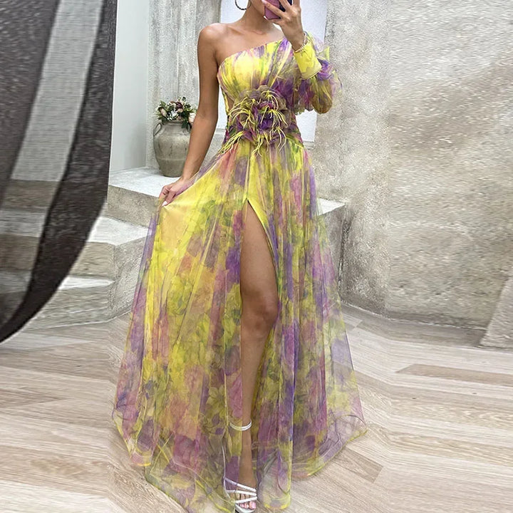 Abito da sera asimmetrico con tulle floreale e spacco – Elegante lunghezza maxi per occasioni speciali