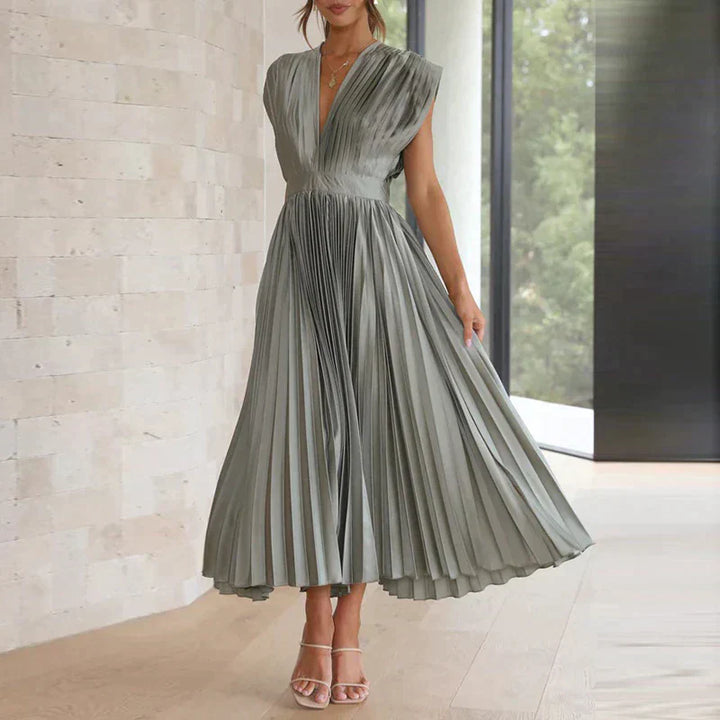 Abito midi plissettato con scollo a V profondo e maniche a volant – Look elegante per matrimonio, festa e estate