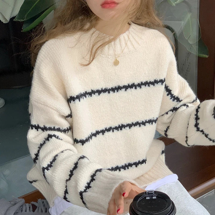 Pull-over en maille oversize pour femmes – Pull confortable à col rond avec motif à rayures
