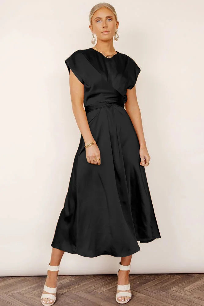 Elegante vestito midi in satin con effetto incrociato e gonna fluente – Outfit perfetto per eventi estivi, matrimoni e look serali