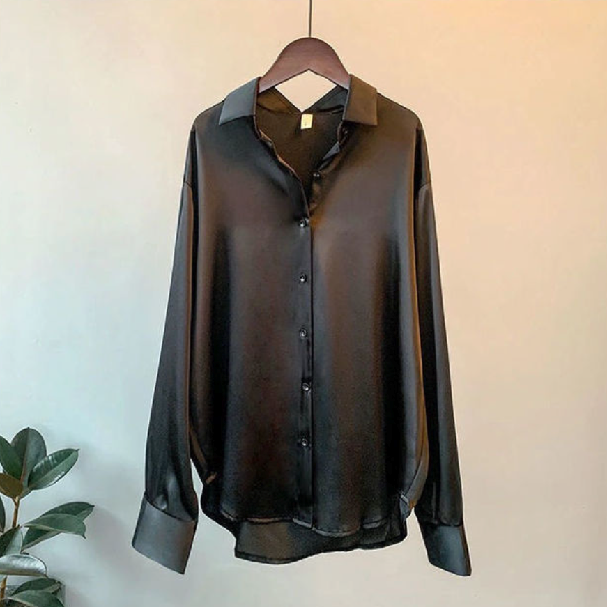 Camicia oversize da donna in satin – elegante camicia a maniche lunghe con abbottonatura