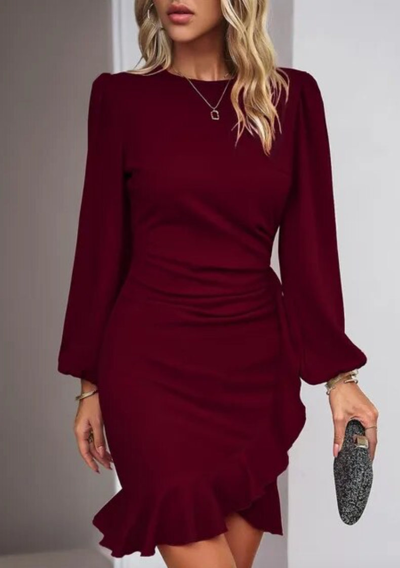 Abito a tubino da donna con maniche lunghe – Elegante abito da lavoro con arricciature e volant per ufficio e serate