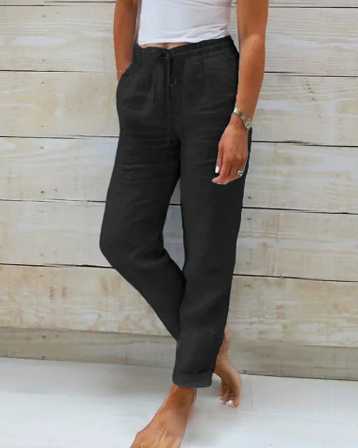 Rose - Pantalon avec ceinture élastique en coton et lin
