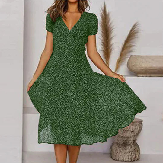 Robe midi fluide pour femme avec décolleté en V et manches courtes – Robe d'été féminine coupe trapèze