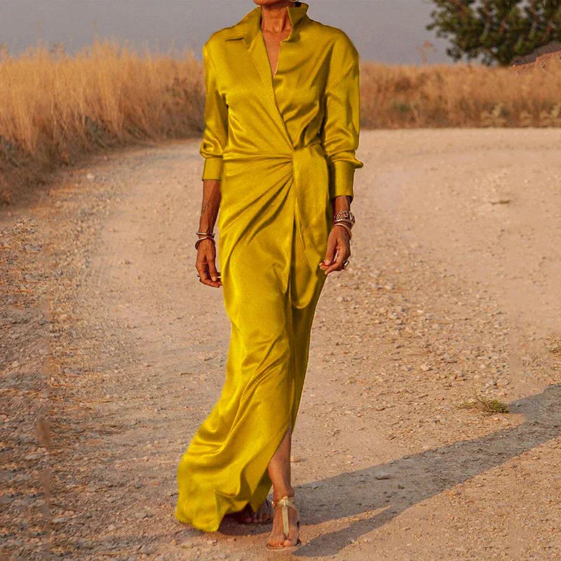 Elegante abito avvolgente da donna – Abito lungo in satin con colletto e spacco, ideale per sera, eventi e estate